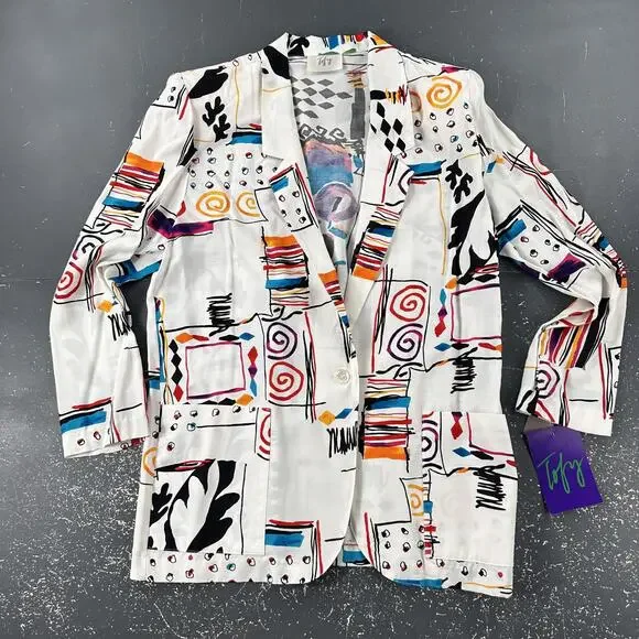 VTG Tofy Blazer Women 14 White Abstract 80's Basquait Miami Vice Retro Funky NWT - Picture 2 of 8